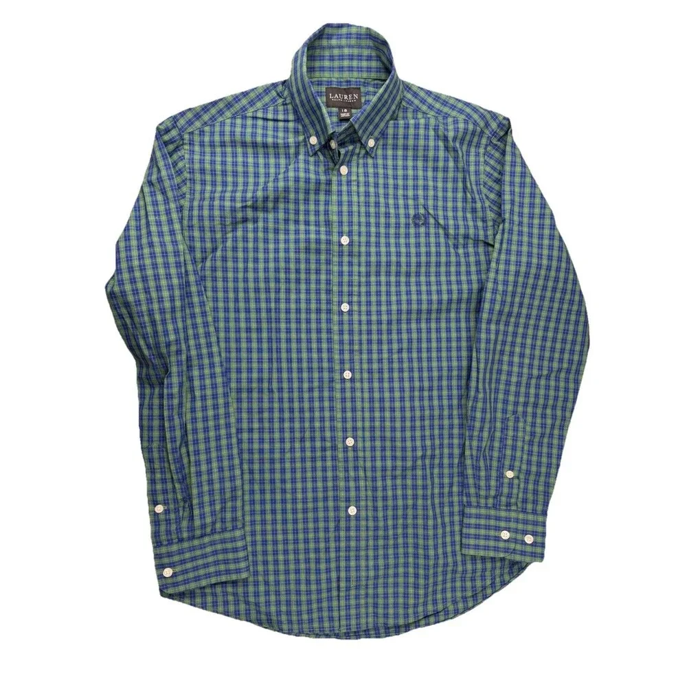 Lauren Ralph Lauren Black Label Button Down Shirt Boys 18 Blue Green‎ Plaid